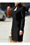 Women's Long Sleeve Semi-High Collar Geometric Patterned Collared Short Imported Crepe Dress - 2