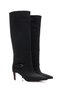 Women's Black Suede Buckle Detailed Pointed Toe Thin Heeled Boots - 3