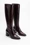 Women's Brown Winter Patent Leather Zippered Pointed Toe 7 cm Thick Heeled Long Below-Knee Boots Bolde