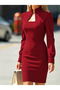 Women's Long Sleeve Semi-High Collar Geometric Patterned Collared Short Imported Crepe Dress - 3
