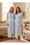 New Season Blue Double-Breasted Collared Full-Length Nursing-Friendly Design Long Sleeve 100% Cotton Maternity Nightgown Set - 8