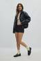 Women's Black Stand Collar Leather Jacket with Pockets and Zipper Detail