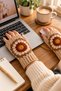 Women's Fingerless Knitted Gloves Cream Beige Brown Floral Motif Handmade Winter Gloves - 3