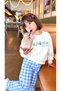 Girl's Figure Patterned Ecru Sweatshirt Blue Checkered Gabardine Denim Unlined Top and Bottom Set