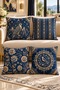 Navy Blue Flowers and Hawk Pattern 4-Piece Throw Pillow Cover Set