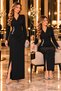 Eye-Catching Elegance with Stone Waist Detail - Women's Double-Breasted V-Neck Long Sleeve Slit Imported Crepe Evening Dress - 4