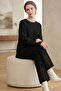 Women's Black Knitted Openwork Patterned Long Tunic Sweater and Pants Top and Bottom Knitwear Set