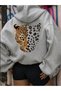 Gray Half Leopard Design Sweatshirt - Printed Oversized Hooded Sweatshirt - 3