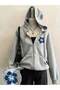 Blue Floral Logo Sweatshirt Zip-Up Cardigan - Printed Oversized Winter Hoodie with Pockets - 2