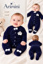 Baby Boy Little Prince Crown Detailed Velvet Jumpsuit Navy Blue - 4