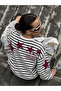Women's Black and White Striped Los Angeles Star Printed Crew Neck Long Sleeve Oversize T-Shirt - 2