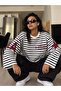 Women's Black and White Striped Los Angeles Star Printed Crew Neck Long Sleeve Oversize T-Shirt - 7