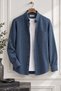 Men's Blue Winter Shirt Striped Classic Relaxed Fit Pockets Casual Warm - 3