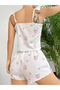 Cotton White Floral Pattern Ruffle Strap Shorts Pajama Set - 3