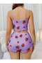 Cotton Lilac Top with Strawberry Pattern Ribbed Strap Shorts Pajama Set - 3