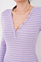 V-Neck Long Sleeve Heart Buttoned Striped Shorts Women's Pajama Jumpsuit Premium Viscose - 6
