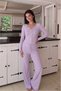 Bow Detail V-Neck Long Sleeve Striped Ribbed Wide Leg Women's Pajama Set