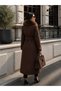 Women's Brown Faux Fur Collar Long Cashmere Coat / Overcoat with Gold Button Detail and Belt - 5