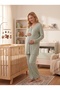 Women's Mint Green Piping Detailed Buttoned Front Breastfeeding Compatible Maternity and Postpartum Pajama Set