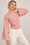 Women's ecru red striped blouse with ruched sides and spanish sleeves - 4