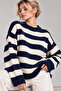 Women's Navy Blue Thick Striped Crew Neck Casual Knitwear Sweater - 3