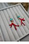 Gold Color Pearl and Turquoise Stone Detailed Red Coral Branch Dangle Women's Earrings - 2