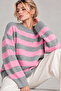 Women's Gray Pink Thick Striped Crew Neck Casual Knitwear Sweater - 3