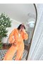 Women's Orange Velvet Soft Top and Bottom Tracksuit Set with Zipper Pockets - 3
