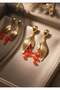 Leaf Detailed Coral Color Beaded Earrings 8X2 cm - 3