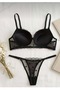 Black Heart Embroidered Padded Bra and Panty Set - 3