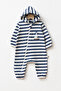100% Cotton Hooded Duck Patterned Long Sleeve Baby Romper with Elastic Cuffs and Zipper Throughout