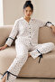 Ecru Floral Patterned, Ribbed, Slit Detailed, Soft Touch Winter Buttoned Knitted Pajama Set 8079 - 3