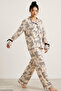 Cream Black Tiger Patterned Ribbon Detailed Soft Tuşe Winter Buttoned Knitted Pajama Set 8083 - 4