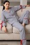 Dark Navy Blue Plaid Patterned Piping Slit Detailed Soft Tuşe Winter Buttoned Knitted Pajama Set 8079