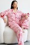Pink Red Tiger Patterned Ribbon Detailed Soft Tuşe Winter Buttoned Knitted Pajamas Set 8083