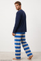 Navy Blue Saks Line Patterned Cotton Knitted Pajama Set 8093 - 3