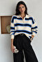 Striped Buttoned Polo Neck Knitwear Blouse