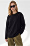 Women's Black Crew Neck Modal Buttoned Draped Basic Sweatshirt Swt-19000803
