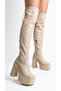 Women's Leather Look Platform Sole Thick Heeled Long Boots