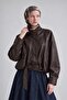 Belted Bomber Leather Jacket Dark Brown