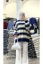 Women's Striped Oversize Knitwear Tunic, Crew Neck Balloon Sleeve Loose Wide Comfortable Fit Sweater - 3