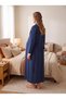 New Season Navy Blue Shawl Collar Winter Full-Length Button Detailed Design Long Sleeve Maternity Nightgown Set - 2
