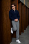 Men's Polo Collar Half Zipper Navy Blue Sweater - 4