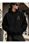 Street Style Mix Printed Hooded Oversized Black Sweatshirt with Pockets - 2