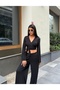 Women's Black Double-Breasted Collar Elastic Waist Blouse and Pants Two-Piece Set - 3