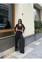 Women's Black Double-Breasted Collar Elastic Waist Blouse and Pants Two-Piece Set - 7
