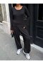 Women's Black Crew Neck Elastic Cuff Blouse and Pants Two-Piece Set - 8