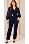 Women's Navy Blue Large Size Double Breasted Collar Chiffon Sleeves Gold Button Detailed Trousers Suit Hzl26S-Trv15061 - 4