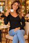 Shoulder Elegance with Flywheel Detail - Women's Black V-Neck Off-The-Shoulder Long Sleeve Viscose Blouse - 3