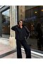 Women's Black Zippered Stripe Detailed Oversize Two-Piece Set - 4